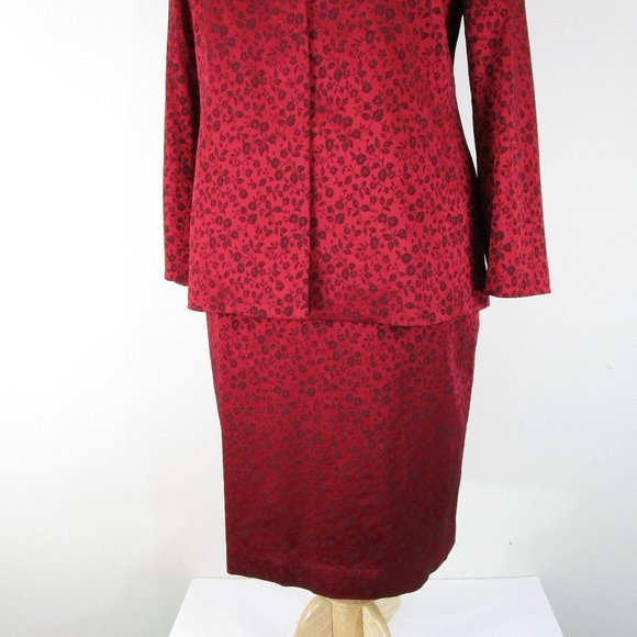 Elana By Tanner Plus Size Red Black Floral Jacquard Skirt Suit Size 14 Formal - Picture 3 of 16